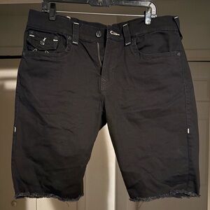 True Religion Black Jean Shorts with Distressed Hem